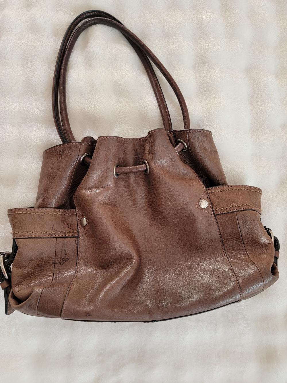 Fossil Chocolate Brown Leather Drawstring Shoulder Tote